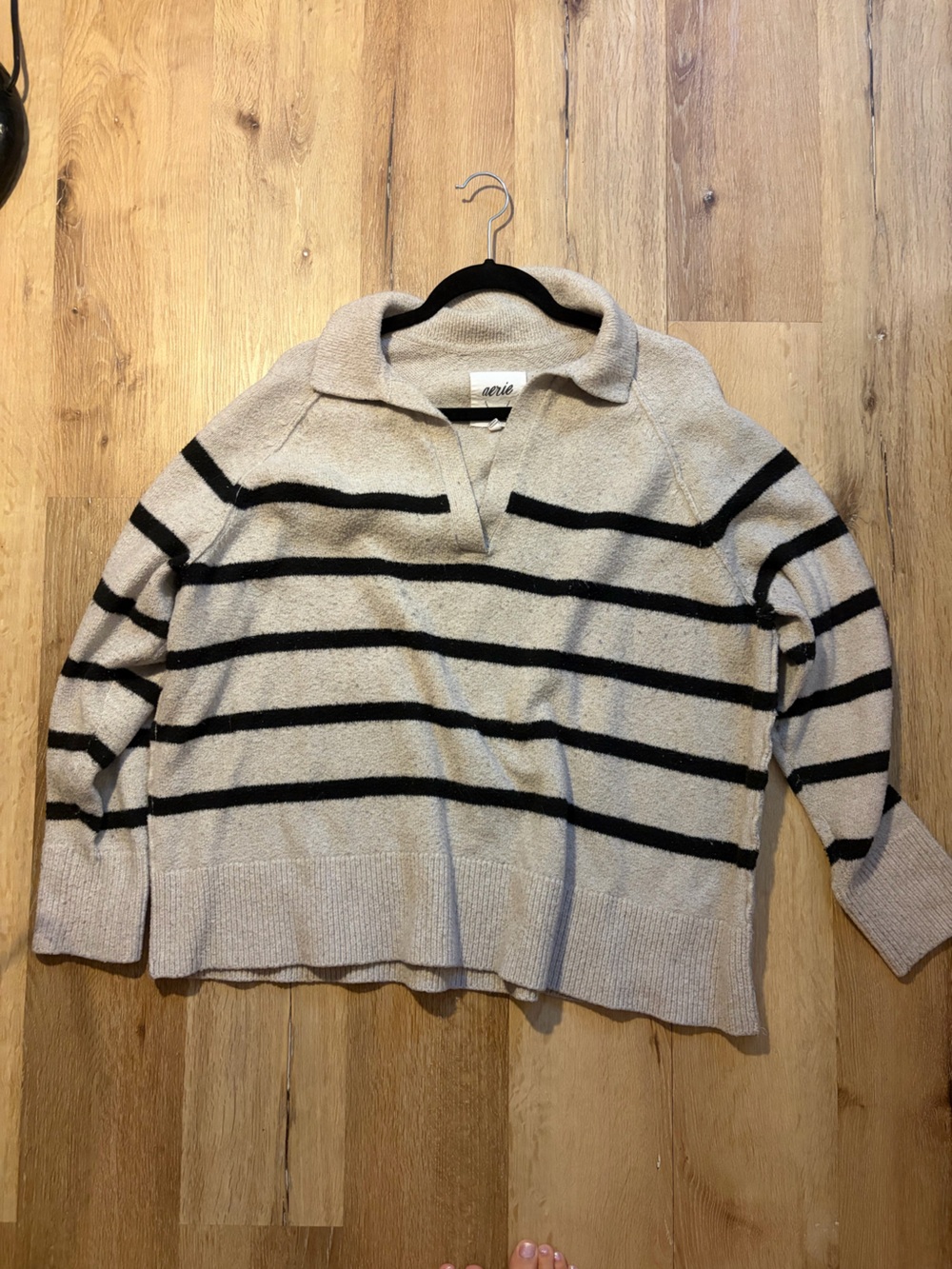 aerie Beige and Black Striped Collared Sweater
